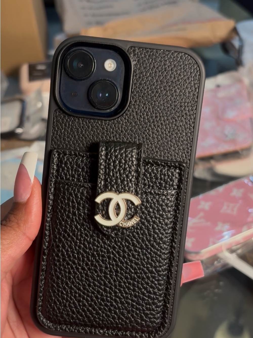 Blk Leather Phone Case with Card Pocket